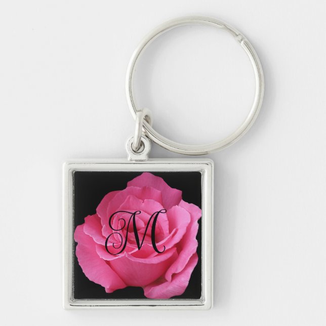Anpassade M monogram söt rosa ros snyggt Fyrkantig Silverfärgad Nyckelring (Framsidan)