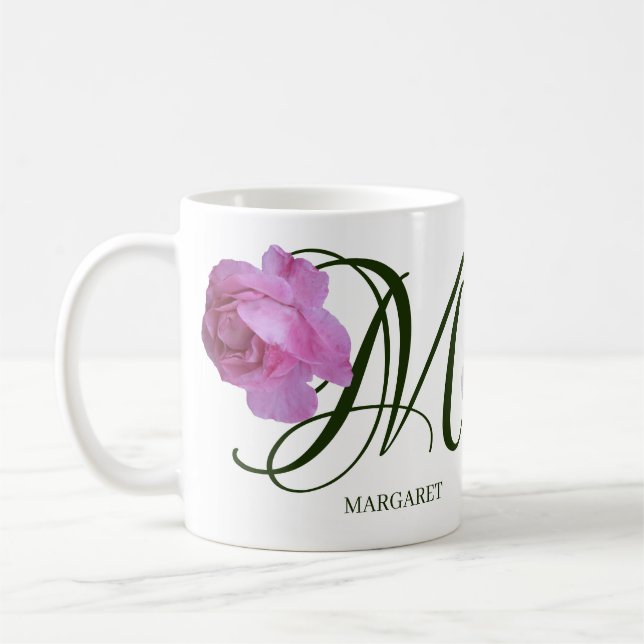 Anpassade Margaret namn rosa ros blommigt classy Kaffemugg (Vänster)