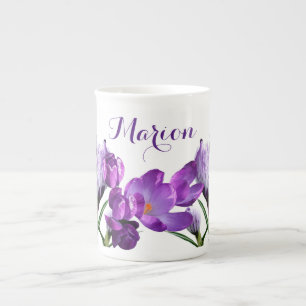 Anpassade Marion namn lila blomboho trendig Benporslin Mugg