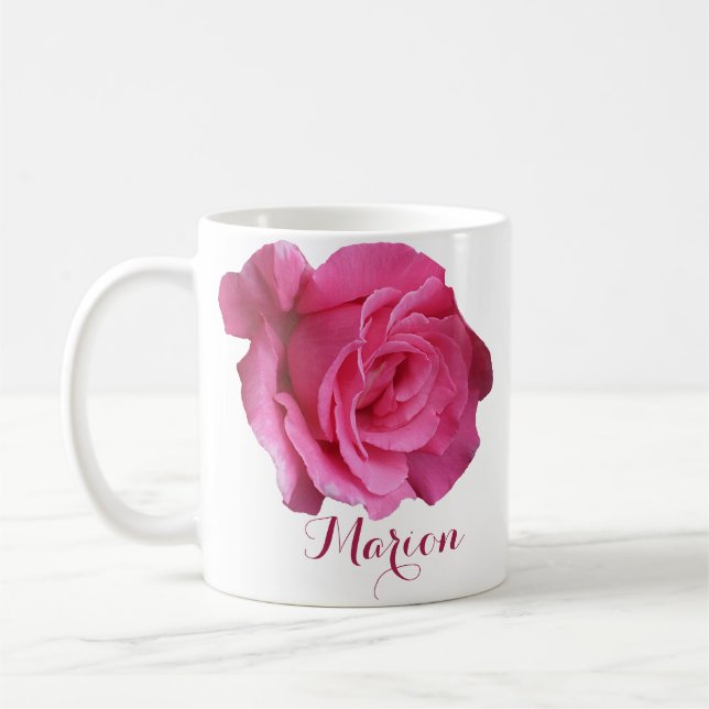 Anpassade Marion namn rosa ros blommor boho Kaffemugg (Vänster)