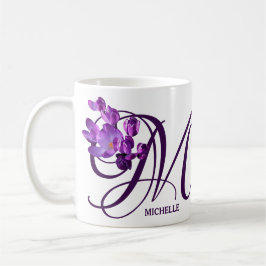 Anpassade Michelle namn lila blommor monogram Kaffemugg