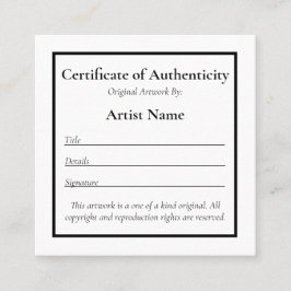 Anpassade Mini Certificate of Authenticity Art Fyrkantigt Visitkort