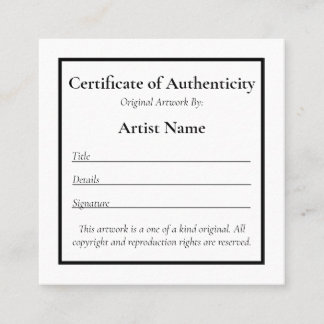 Anpassade Mini Certificate of Authenticity Art Fyrkantigt Visitkort