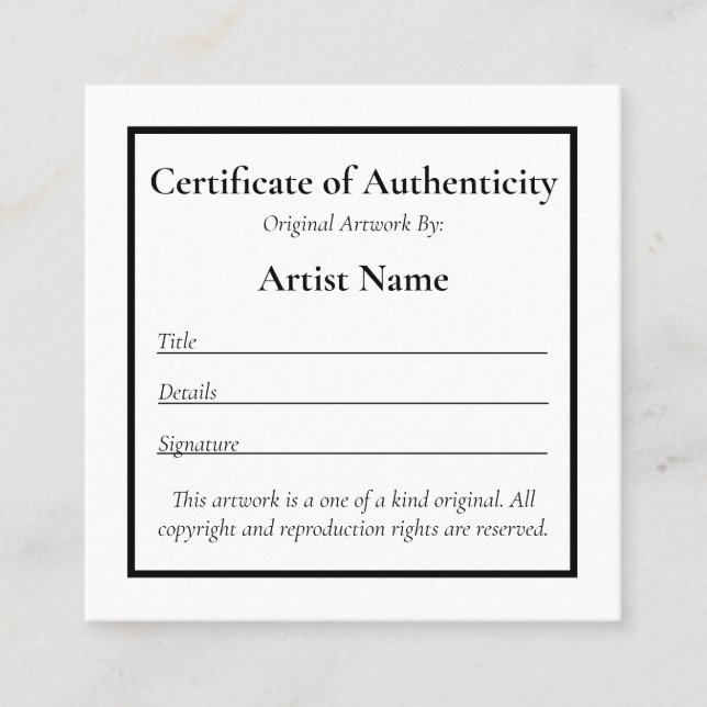 Anpassade Mini Certificate of Authenticity Art Fyrkantigt Visitkort (Framsida)