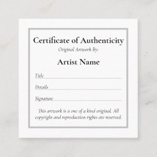 Anpassade Mini Certificate of Authenticity Art Fyrkantigt Visitkort