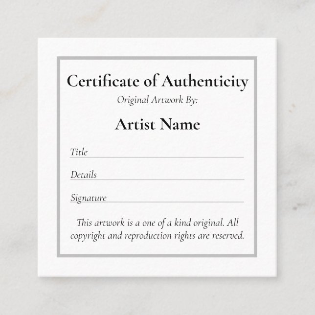 Anpassade Mini Certificate of Authenticity Art Fyrkantigt Visitkort (Framsida)
