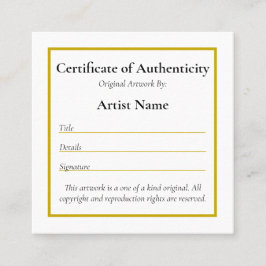 Anpassade Mini Certificate of Authenticity Art Fyrkantigt Visitkort