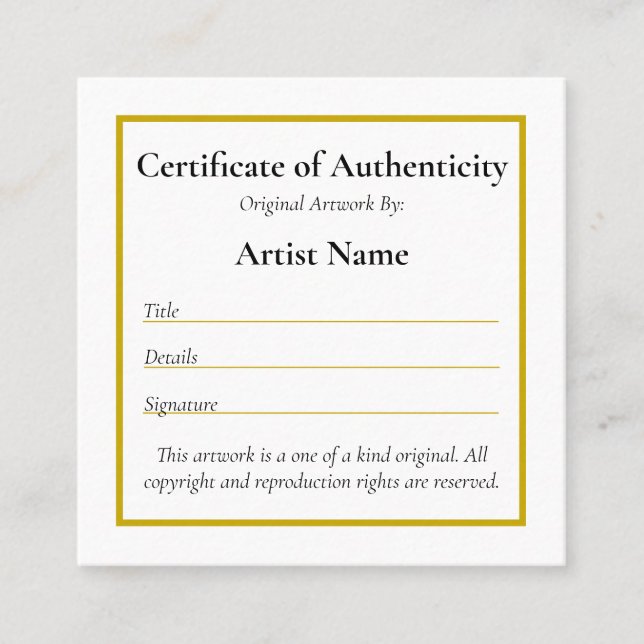 Anpassade Mini Certificate of Authenticity Art Fyrkantigt Visitkort (Framsida)