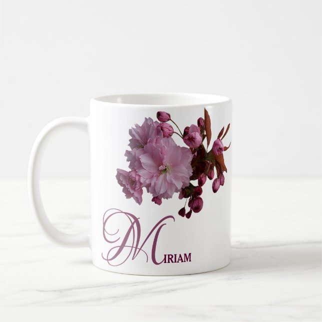 Anpassade Miriam namn rosa ros blommor boho Kaffemugg (Vänster)
