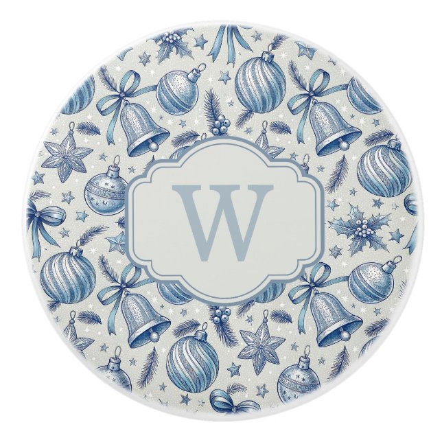 Anpassade monogram blå Toile julgransprydnader  Knopp (Framsidan)