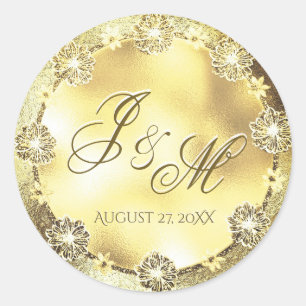 Anpassade Monogram Bröllop Seal Guld FLowers Runt Klistermärke