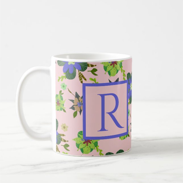 Anpassade Monogram Girly Blommönster Rosa Kaffemugg (Vänster)
