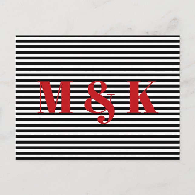 Anpassade monogram initialer röd svart vit randig vykort (Framsida)