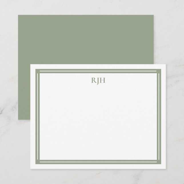 Anpassade monograminitialer med Sage Green-kant Anteckningskort (Fram/baksida)
