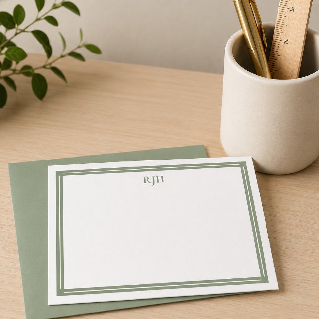 Anpassade monograminitialer med Sage Green-kant Anteckningskort (Skapare uppladdad)