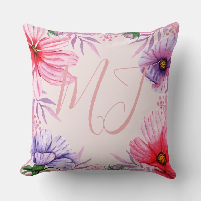 Anpassade monograminitialer och tropiska blommor kudde (Framsida)