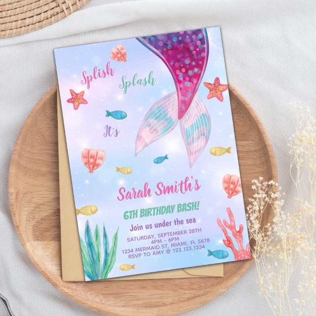 Anpassade Mörk Rosa Sjöjungfru  födelsedag Inbjudningar (Dark Pink on top mermaid Birthday Invitation)