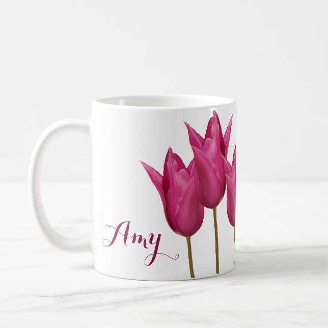 Anpassade namn Amy söt rosa tulips blommigt Kaffemugg (Vänster)