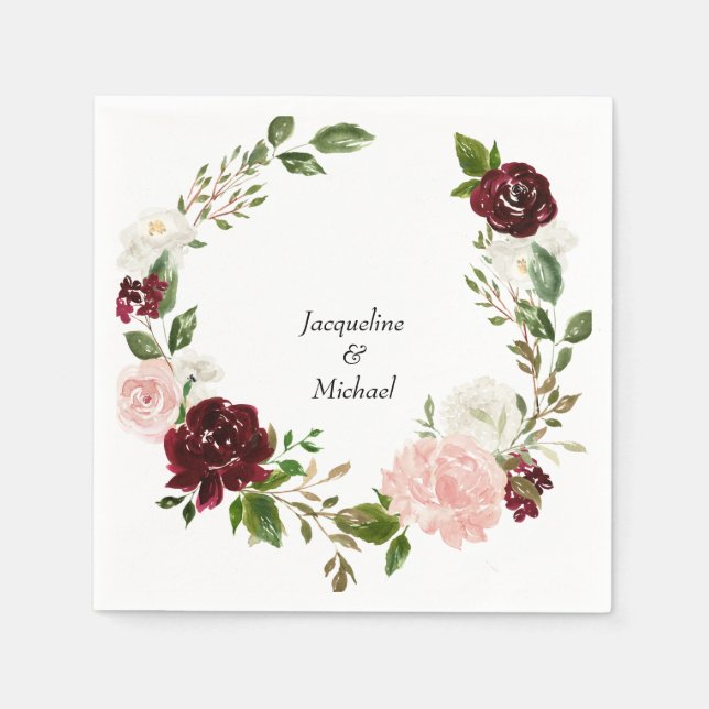Anpassade namn för Burgundy &  Bröllop Pappersservett (Framsidan)