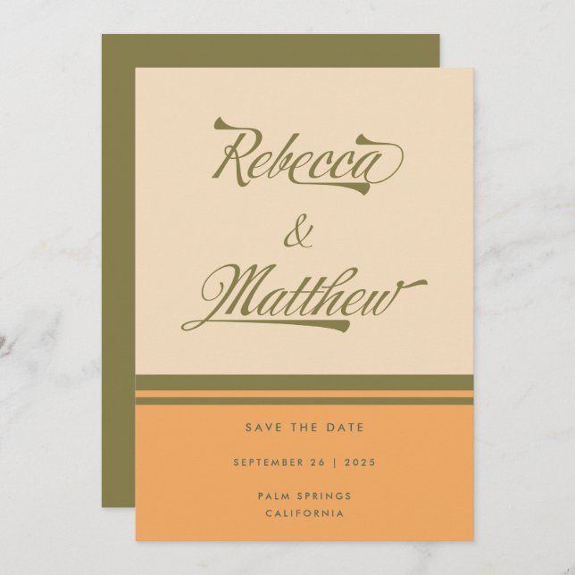 ANPASSADE NAMN Grönt 70:s Rand Retro Bröllop Spara Datumet (Fram/baksida)