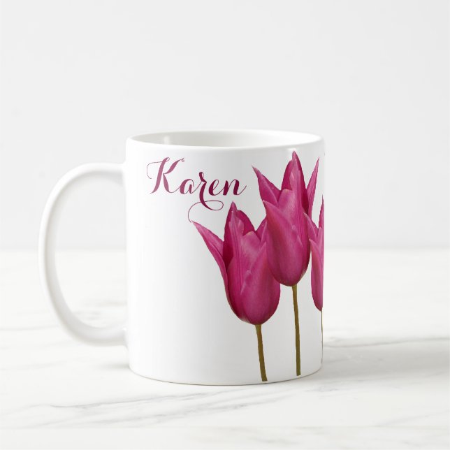 Anpassade namn Karen söt rosa tulips blommigt  Kaffemugg (Vänster)