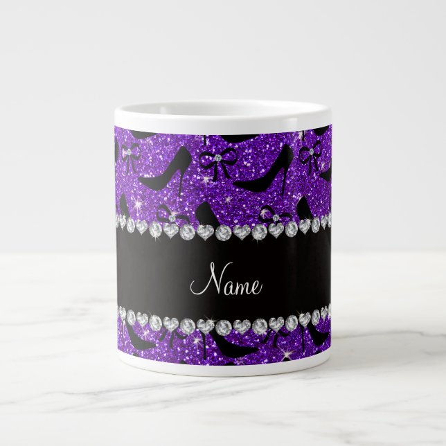 Anpassade namn lila glitter svarta högklackar jumbo mugg (Framsidan)