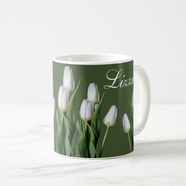 Anpassade namn Lizzie vit tulpanblomma grönt Kaffemugg (Framsida höger)