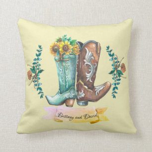 Anpassade namn Newlyweds Rustic CowboyBoots  Kudde