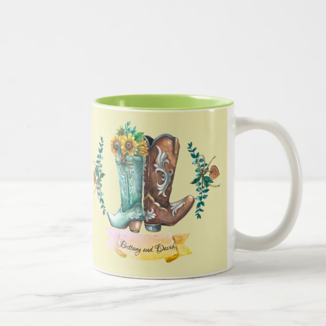 Anpassade namn Newlyweds Rustic CowboyBoots  Två-Tonad Mugg (Höger)