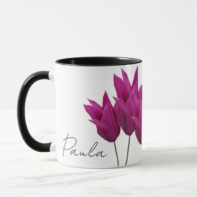 Anpassade namn Paula söt rosa tulips blommigt Mugg (Vänster)