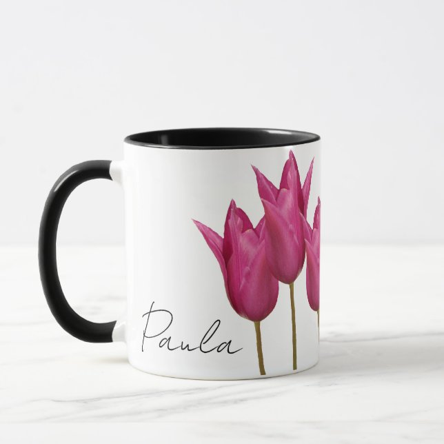 Anpassade namn Paula söt rosa tulips blommigt Mugg (Vänster)