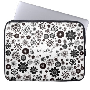 Anpassade Namn Svartvit Blommönster Laptop Fodral