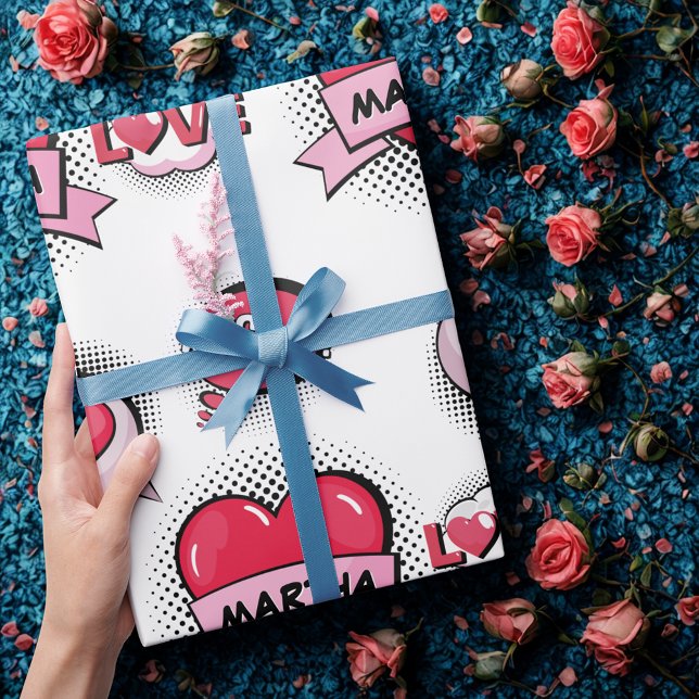 Anpassade namn tecknad bok stil hjärtpresentatione presentpapper (Skapare uppladdad)