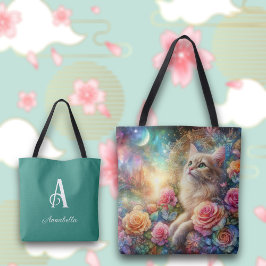 Anpassade Namn Vintage Watercolor Cat & Flowers Tygkasse