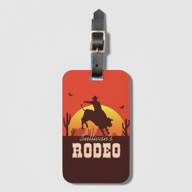 Anpassade NAMN Western Cowboy Bull Rider Rodeo Bagagebricka (Framsida vertikal)