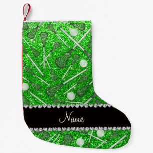Anpassade namnlime green glitter lacrosse sticks liten julstrumpa