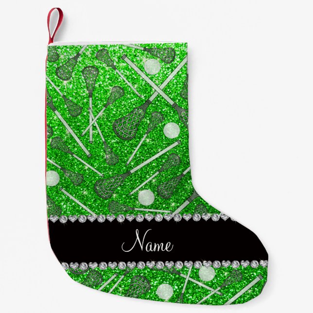 Anpassade namnlime green glitter lacrosse sticks liten julstrumpa (Framsidan)