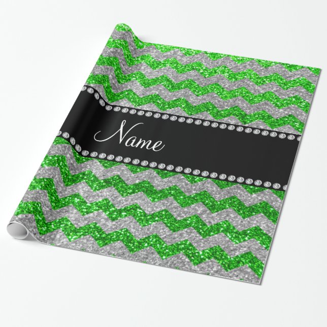 Anpassade namnlimegröna chevroner i silver glitter presentpapper (Utrullad)