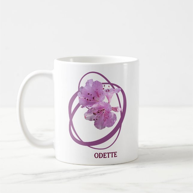 Anpassade Odette namn monogram rosa blommigt art Kaffemugg (Vänster)