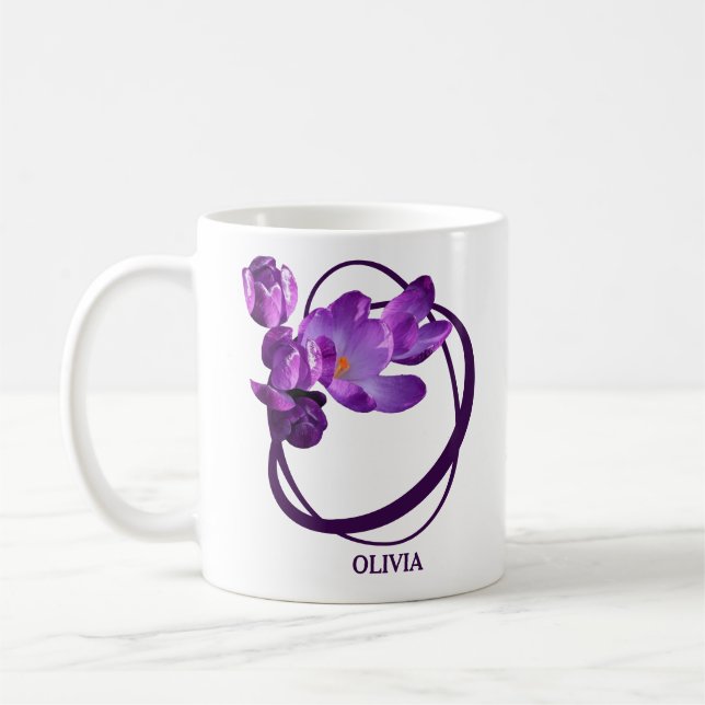 Anpassade Olivia namn lila blomma O monogram Kaffemugg (Vänster)