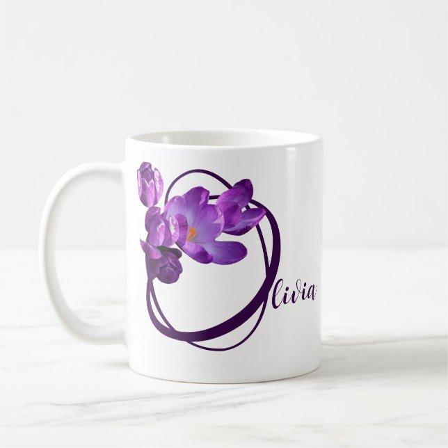 Anpassade Olivia namn lila Crocus blommigt roligt Kaffemugg (Vänster)