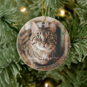 Anpassade Pet Cat Photo Guld Glitter jul Julgransprydnad Keramik