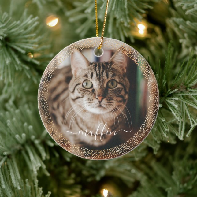 Anpassade Pet Cat Photo Guld Glitter jul Julgransprydnad Keramik (Träd)