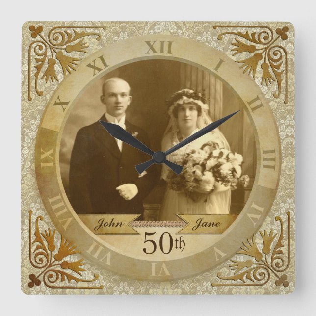 Anpassade Photo Clock Guld Damask Roman Numeral Fyrkantig Klocka (Framsida)