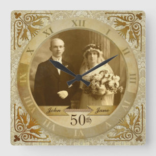 Anpassade Photo Clock Guld Damask Roman Numeral Fyrkantig Klocka