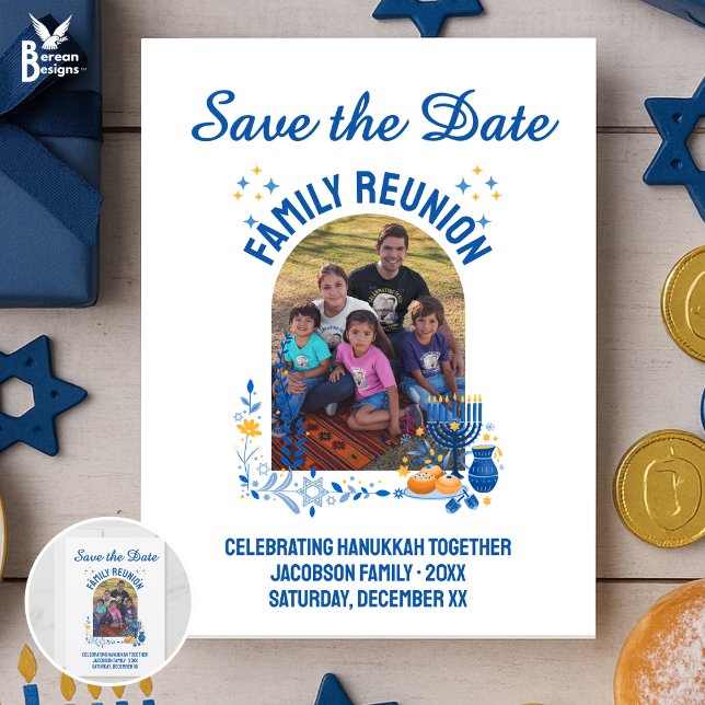 Anpassade Photo HANUKKAH FAMILY REUNION Spara Datumet (Save the Date for family reunion to celebrate Hanukkah. Shirts, gifts, party supplies available.)