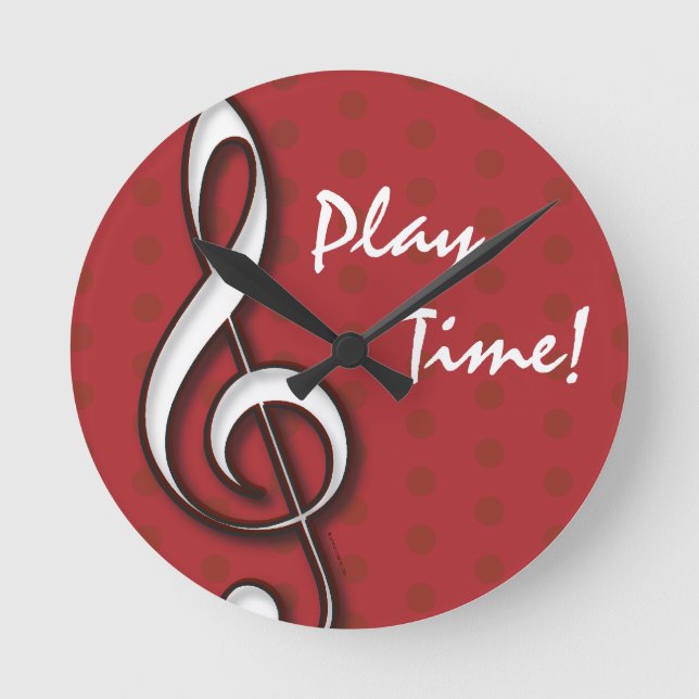 Anpassade Play Time Red Treble Clef Clock Rund Klocka (Framsida)
