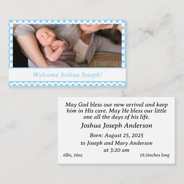 Anpassade Pojke Birth Notice (Fram/baksida)