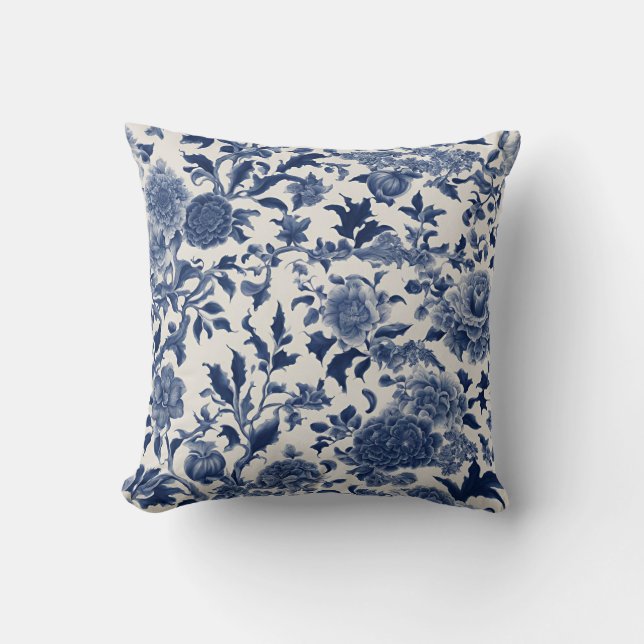 Anpassade Porcelain Elegance: Blue Blommigt Kudde (Framsida)