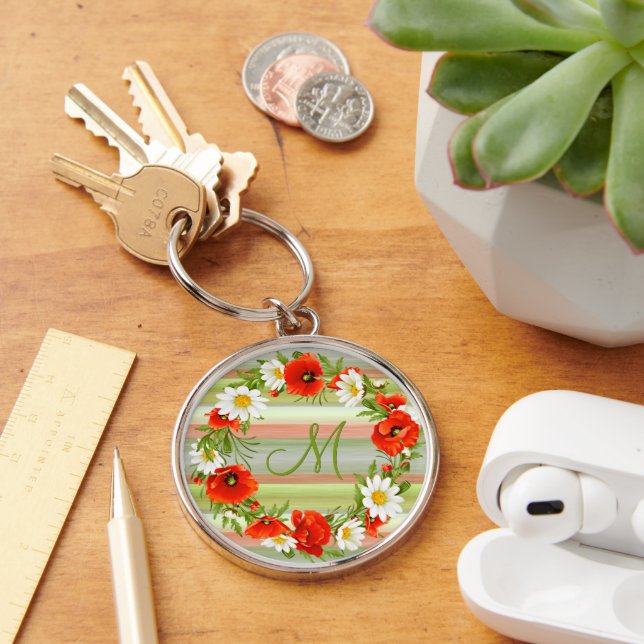 Anpassade prästkragar vallmo monogram blomsterkran rund silverfärgad nyckelring (Skrivbord)